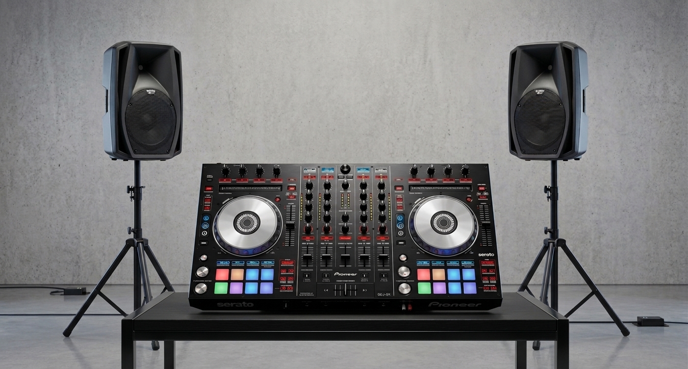 DJ-pakket met Pioneer DDJ-SX controller en twee speakers op statief